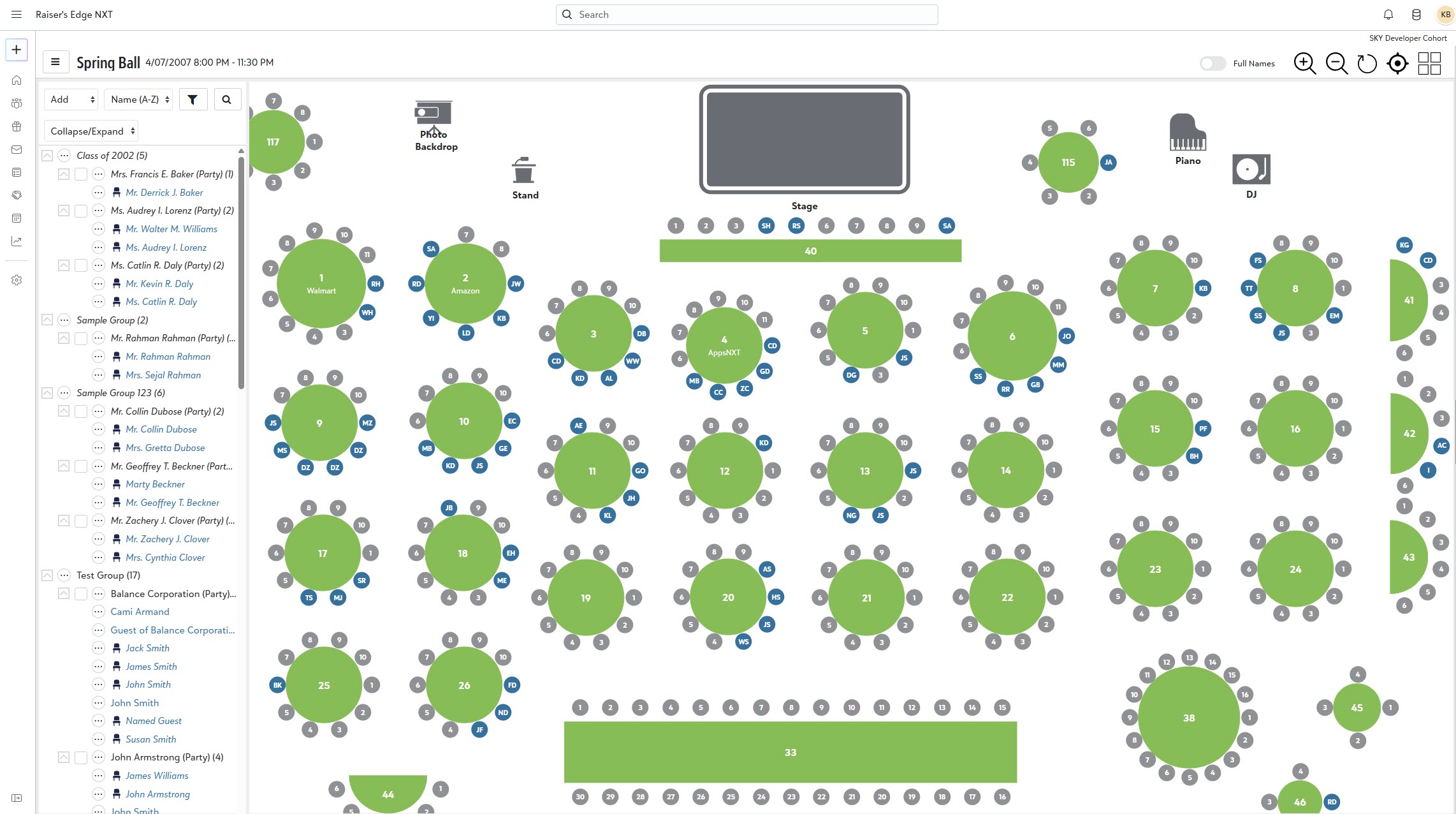 Visual seating chart designer with tables placed on a floor plan in Raiser's Edge NXT
