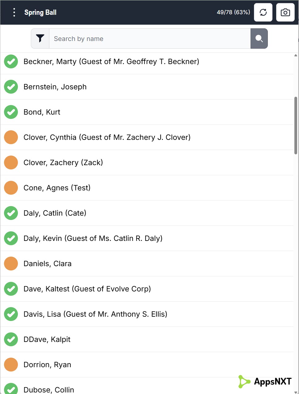 Mobile check-in guest list with check-in status in Raiser's Edge NXT