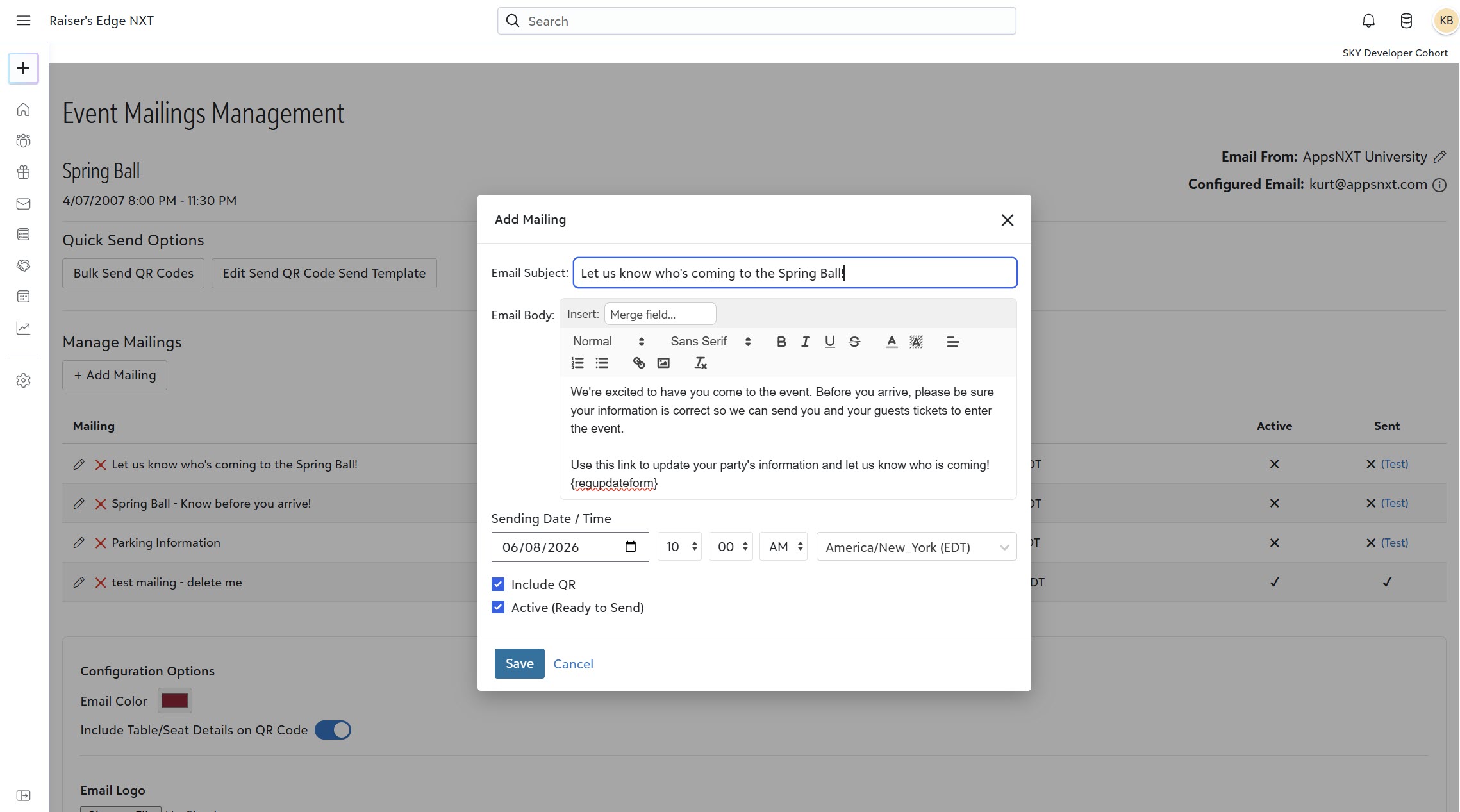 Event Mailings Management with an Add Mailing dialog in Raiser's Edge NXT