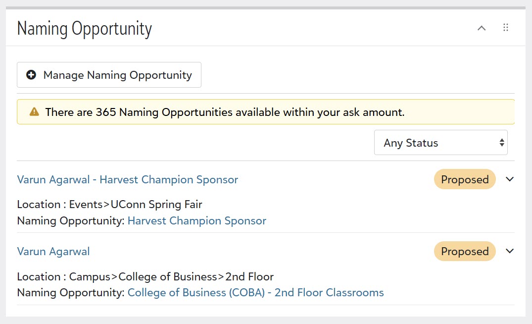 Naming Opportunity recommendations surfaced within a Proposal in Raiser's Edge NXT